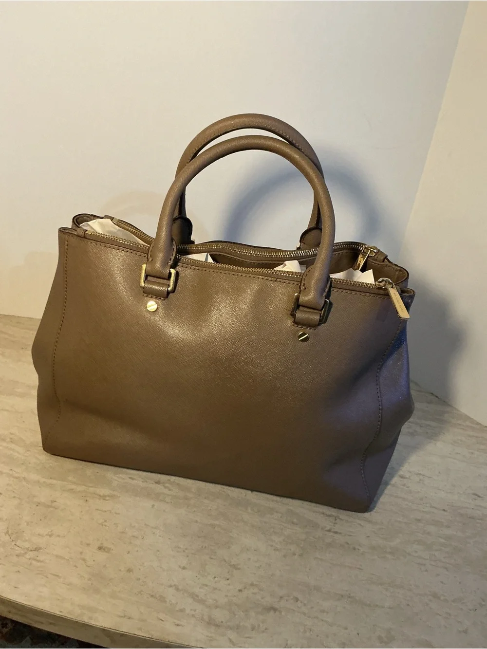 Michael Kors Taupe Saffiano Leather Tote with Gold Hardware